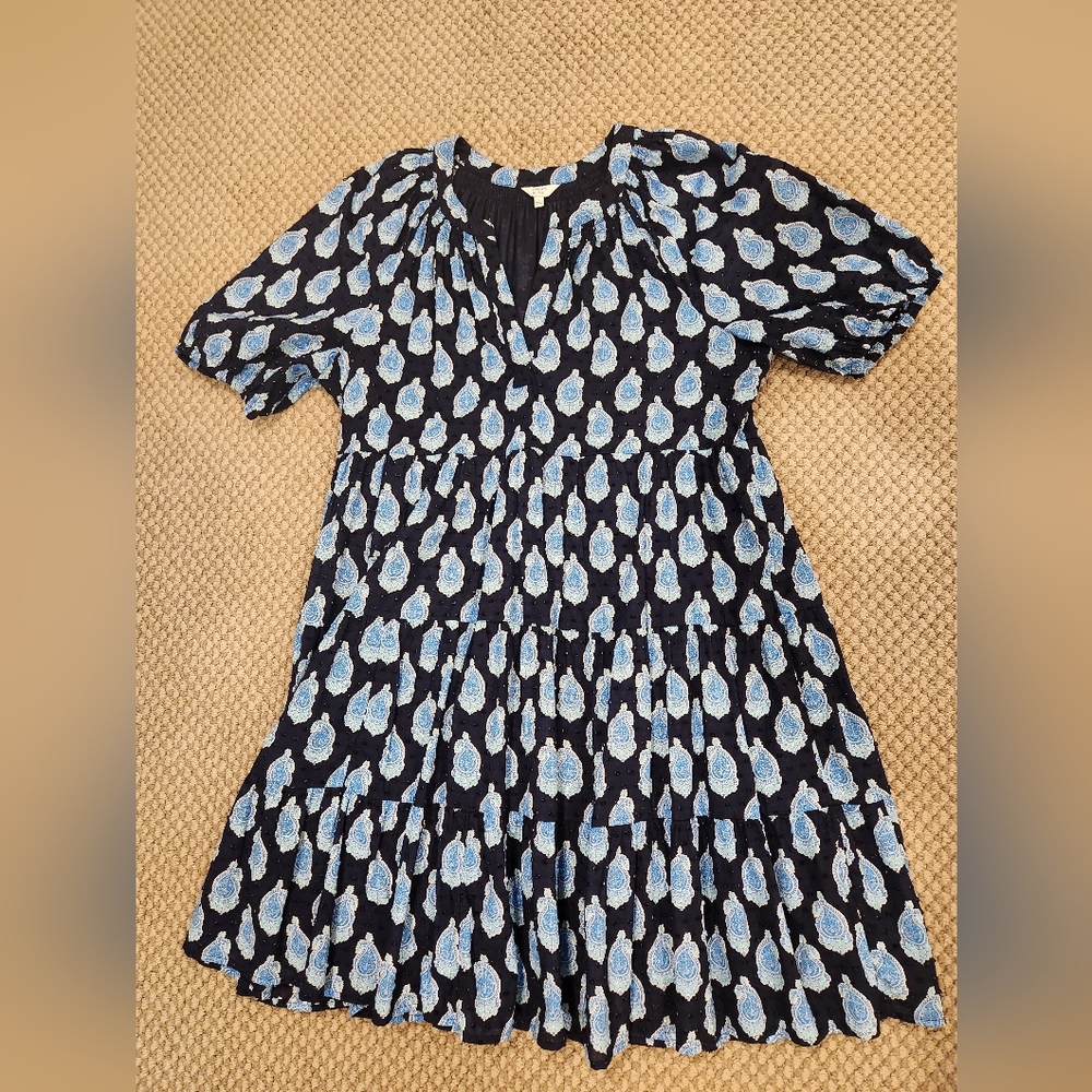 Crown & Ivy Blue Paisley Swiss Dot Tiered Dress Sz Large